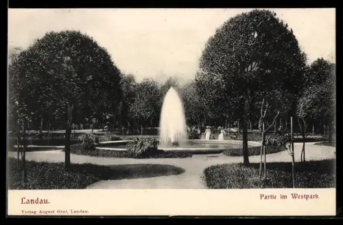 AK Landau, Partie im Westpark mit Fontäne