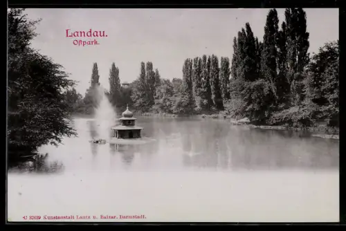 AK Landau, Ostpark, Gewässerpartie mit Wasserhäuschen