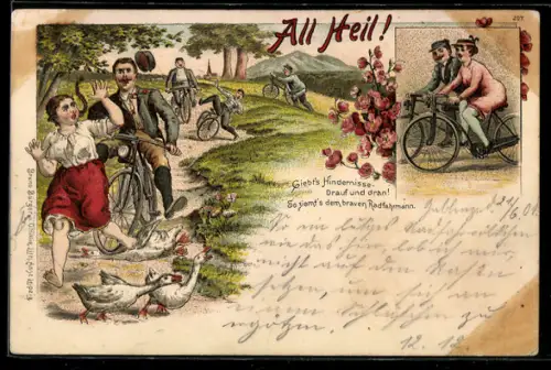 Künstler-AK Bruno Bürger & Ottillie Nr. 207: All Heil!, Fahrradfahrer überfährt eine Gans, Aufruf zur Vorsicht