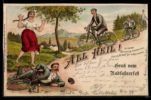 Lithographie Junger Mann ist mit dem Fahrrad gestürzt