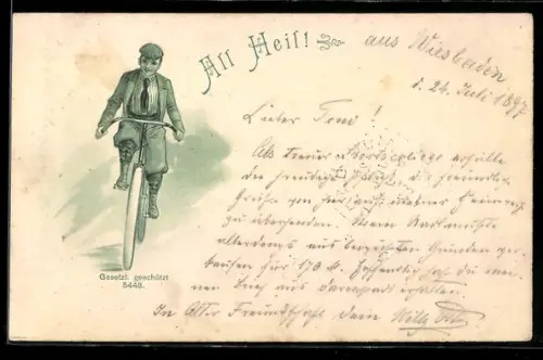 Lithographie Junger Mann fährt auf Fahrrad