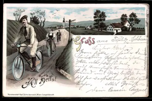 Lithographie All Heil! Ausflug mit dem Fahrrad