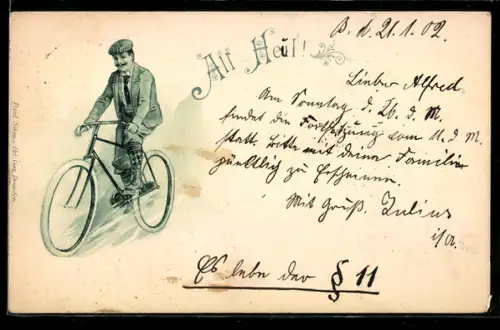 Lithographie Junger Mann fährt auf Fahrrad