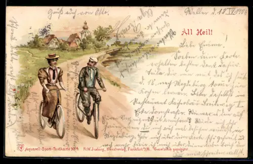 Lithographie Paar bei Ausfahrt mit Fahrrad