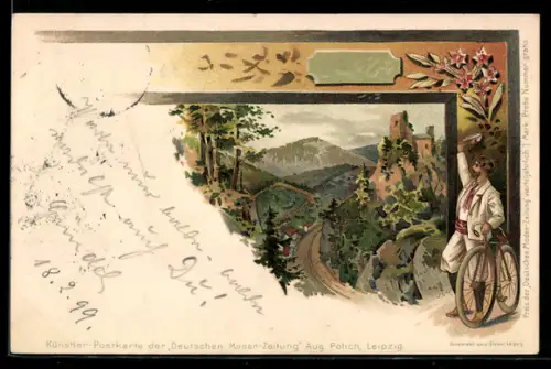 Lithographie Grüssender Fahrradfahrer in hügeliger Landschafgt