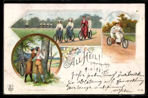 Lithographie Junge Frauen auf Fahrrad, Paare auf Tandem-Fahrrad