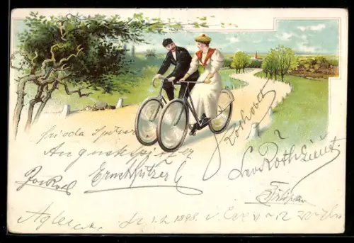 Lithographie Paar bei Ausfahrt mit Fahrrad durch ländliches Gebiet