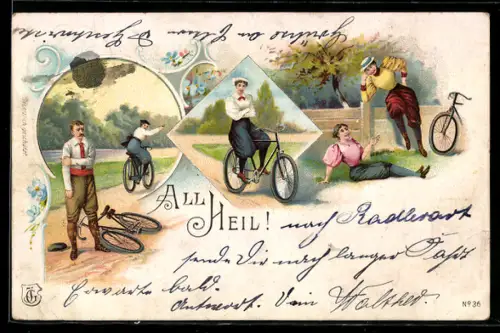 Lithographie All Heil!, Radfahrer und Radfahrerin