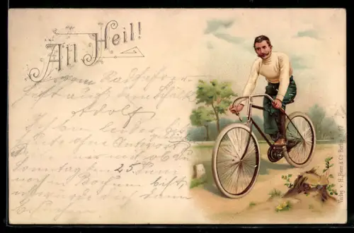 Lithographie Junger Mann fährt mit seinem Fahrrad