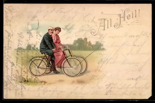 Lithographie All Heil!, mondänes Paar auf Fahrrädern