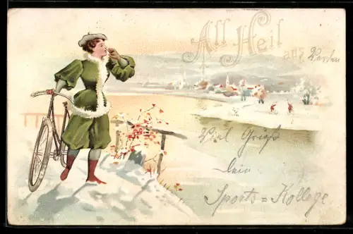 Lithographie Dame im grünen Dress mit Fahrrad ruft den zwei Radlern zu