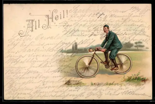 Lithographie Junger Mann fährt mit Fahrrad durch ländliches Gebiet