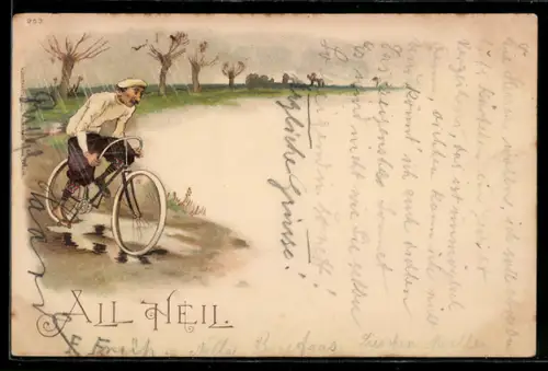 Lithographie Mann auf Fahrrad bei Regenwetter