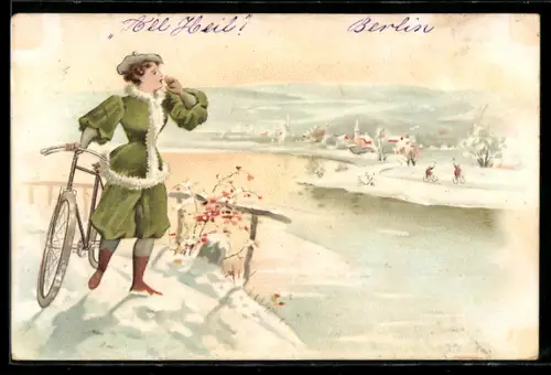 Lithographie Dame im grünen Dress mit Fahrrad ruft den zwei Radlern zu