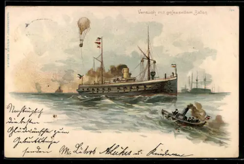 AK Versuch mit gefesseltem Ballon, Kriegsschiff
