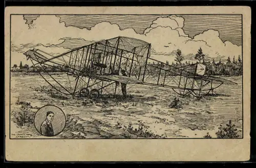 Künstler-AK Doppeldecker-Flugzeug auf Flugfeld