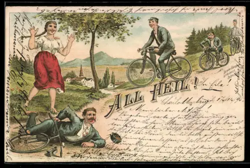 Vorläufer-Lithographie Junger Mann ist vom Fahrrad gestürzt