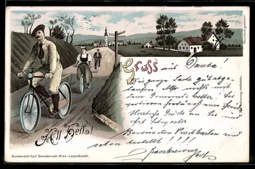 Lithographie All Heil! Ausflug mit dem Fahrrad