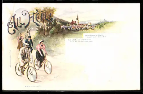 Lithographie All Heil! Radfahrer bei Ausflug mit dem Fahrrad