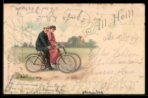 Lithographie All Heil!, mondänes Paar auf Fahrrädern