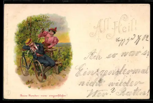 AK Junger Mann mit Fahrrad ist auf einer Bank eingeschlafen