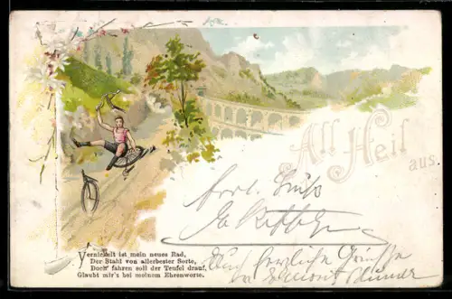 AK Mann mit seinem zerstörten Fahrrad nach Unfall