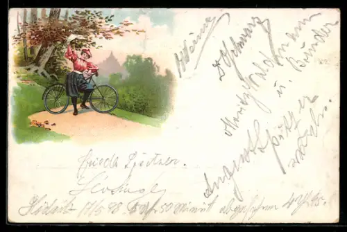 Lithographie Junge Frau mit Fahrrad winkt mit Taschentuch