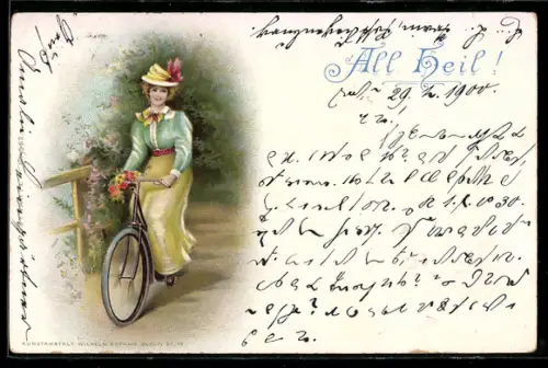 Lithographie Junge Frau im Kleid mit ihrem Fahrrad
