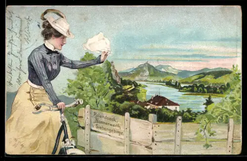 Lithographie Junge Frau auf Fahrrad am Ausblick auf das Siebengebirge