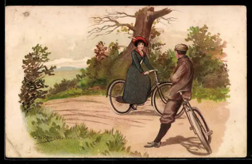Künstler-AK Fahrradfahrer begegnet einer Gleichgesinnten