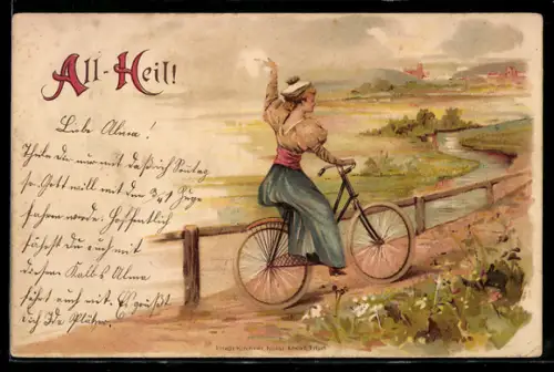 Lithographie Junge Frau fährt mit Fahrrad am Ufer entlang