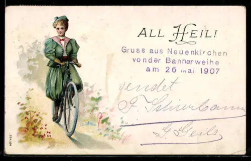 Lithographie Junge Frau fährt auf Fahrrad
