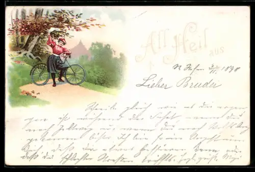 Lithographie Junge Frau mit Fahrrad winkt mit weissem Tuch