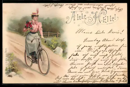 Lithographie Frau mit Blumenstrauss fährt mit ihrem Fahrrad