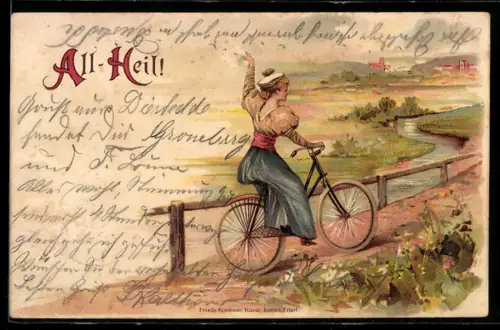Lithographie Junge Frau mit Fahrrad bei Fahrt entlang von Fluss