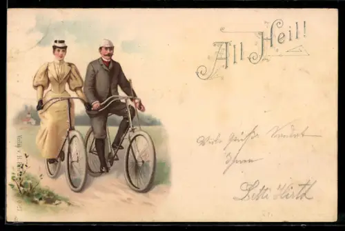 Lithographie Fahrrad-Fahrer auf einem Feldweg