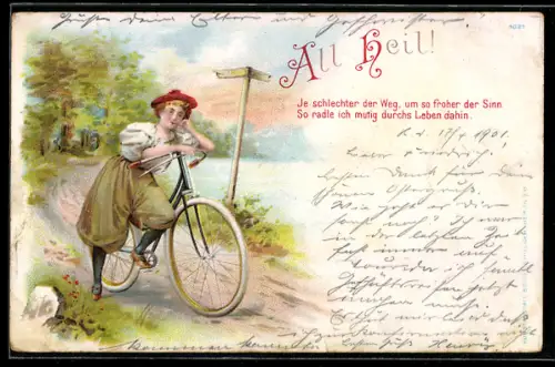 Lithographie Junge Frau mit Fahrrad am Wegweiser