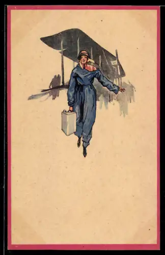 AK Junge Frau läuft mit Benzin von einer Tankstelle zu ihrem Auto zurück, Art Deco