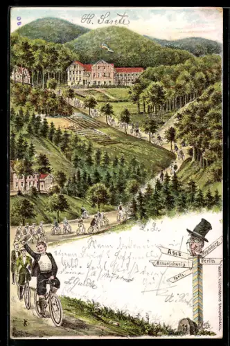 Lithographie Wittmar, Gasthaus auf der Asse, Radfahrer