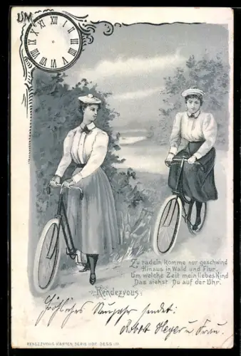 AK Rendezvous, Frauen mit Fahrrad, Reklame für Siligo, Gebr. Tiede Cakes Fabrik, Brandenburg