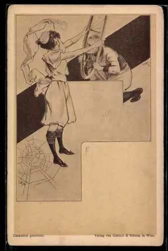 Künstler-AK Pärchen schaut sich durch das Rad an