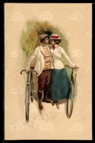 Lithographie Liebespaar mit Fahrrädern kurz vor einem Kuss