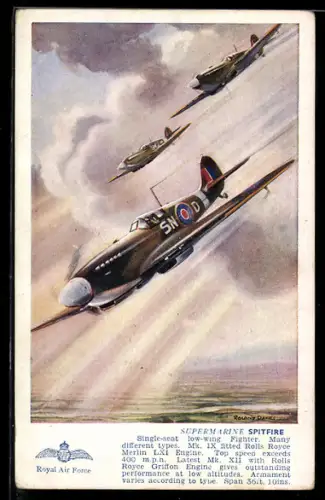 Künstler-AK Rotte von britischen Jagdflugzeugen Supermarine Spitfire