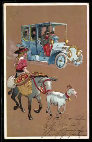 Künstler-AK Auf Esel reitende Bäuerin neben Auto, Reklame für Oberspree-Motor-Pneumatic