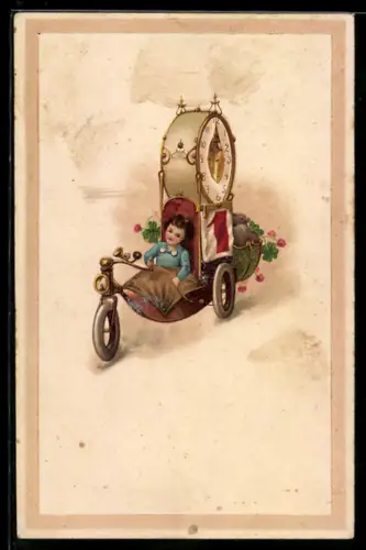 AK Kind auf Dreirad mit grosser Uhr, Zeiger auf Mitternacht, Neujahr