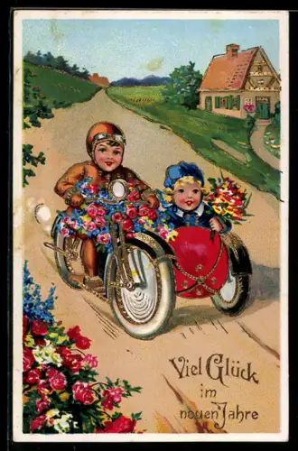 AK Kinder fahren mit dem Motorrad, Mädchen mit Blumenstrauss als Sozius