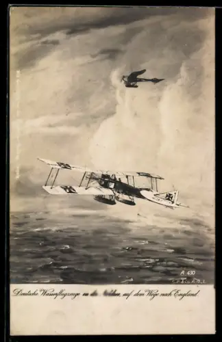 AK Deutsche Wasserflugzeuge über der Nordsee auf dem Weg nach England