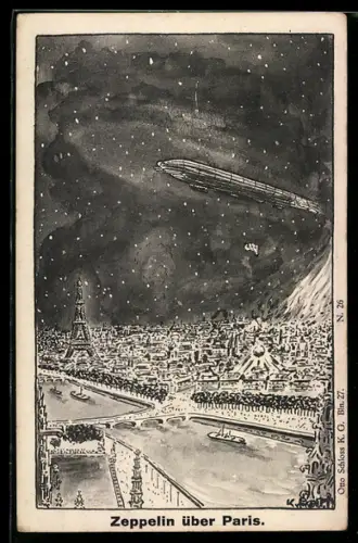 AK Zeppelin im Schneegestöber über Paris