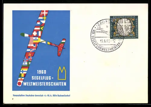 AK Segelflug-Weltmeisterschaften 1960, Deutscher Aeroklub, Segelflugzeug mit internationalen Fahnen