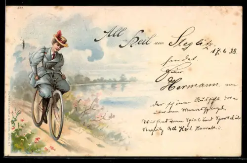 Lithographie Junge Frau auf Fahrrad bei Fahrt entlang von Gewässer